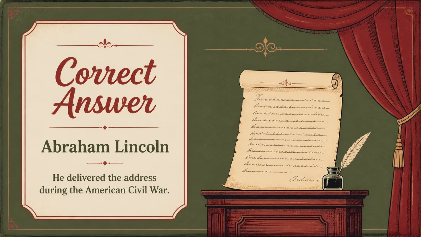 Abraham Lincoln answer reveal for history trivia slides for teachers.