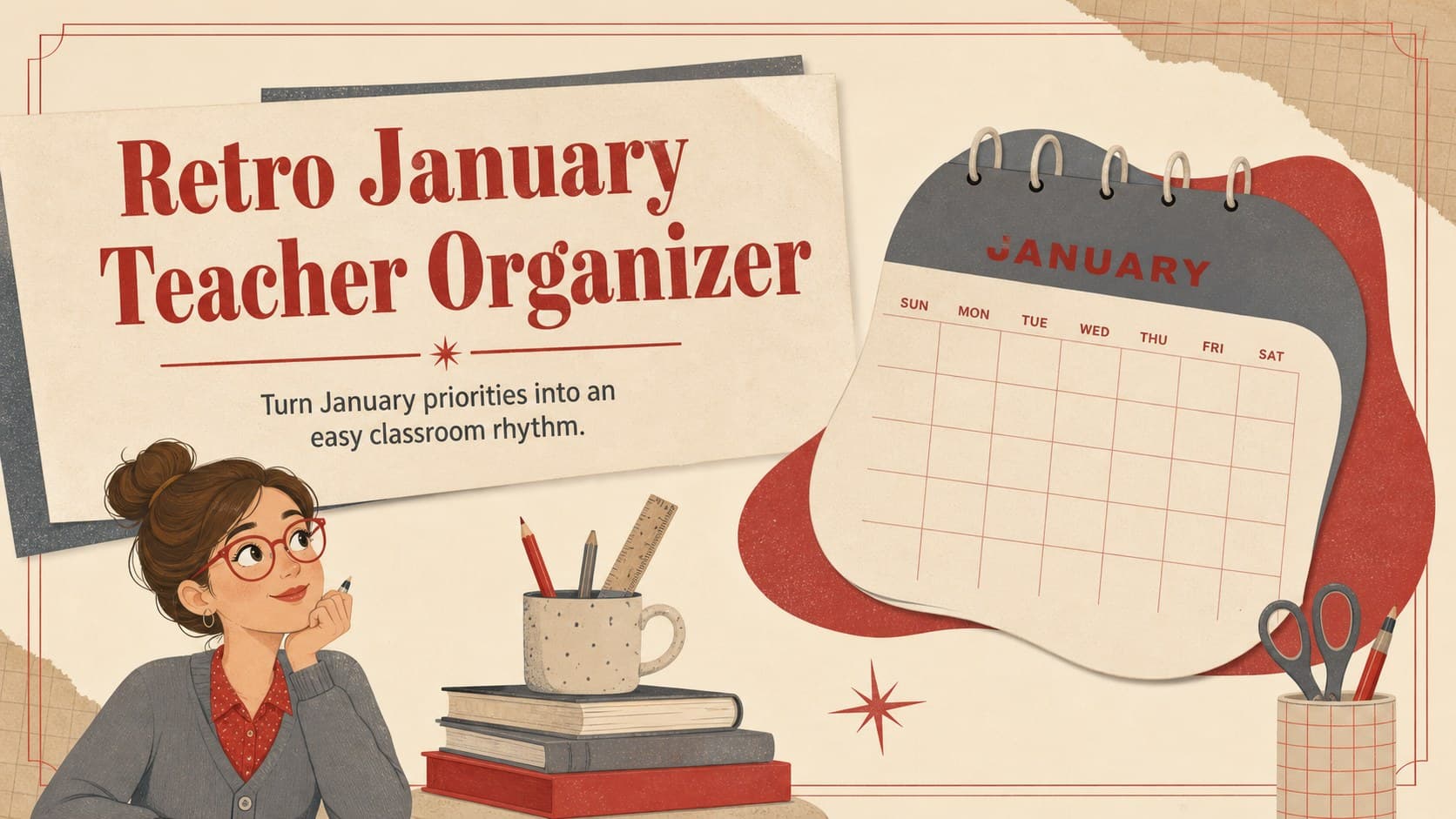 Cover of the Retro January Teacher Organizer with warm retro typography and classroom planning motifs.