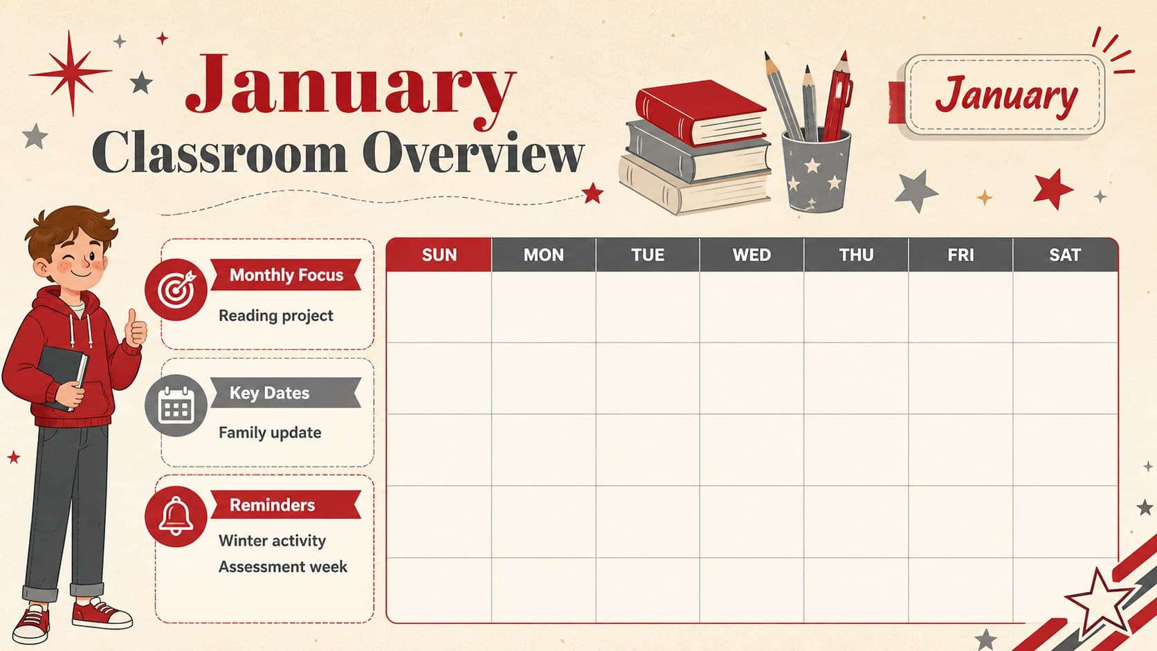 Editable January classroom calendar slide with lesson dates, school events, and monthly priorities.