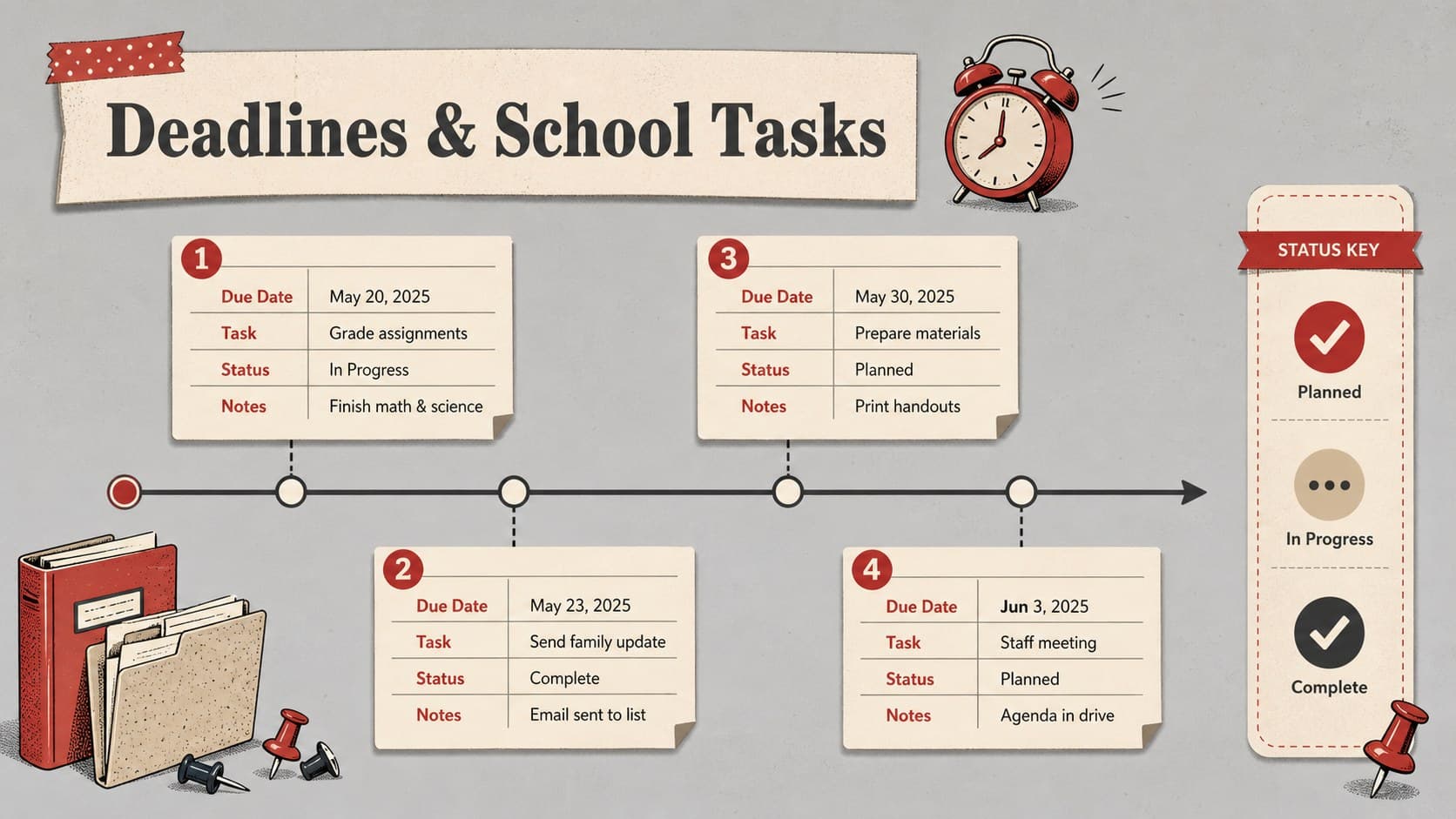 January deadline tracker for teachers featuring due dates, task status, and school meeting reminders.
