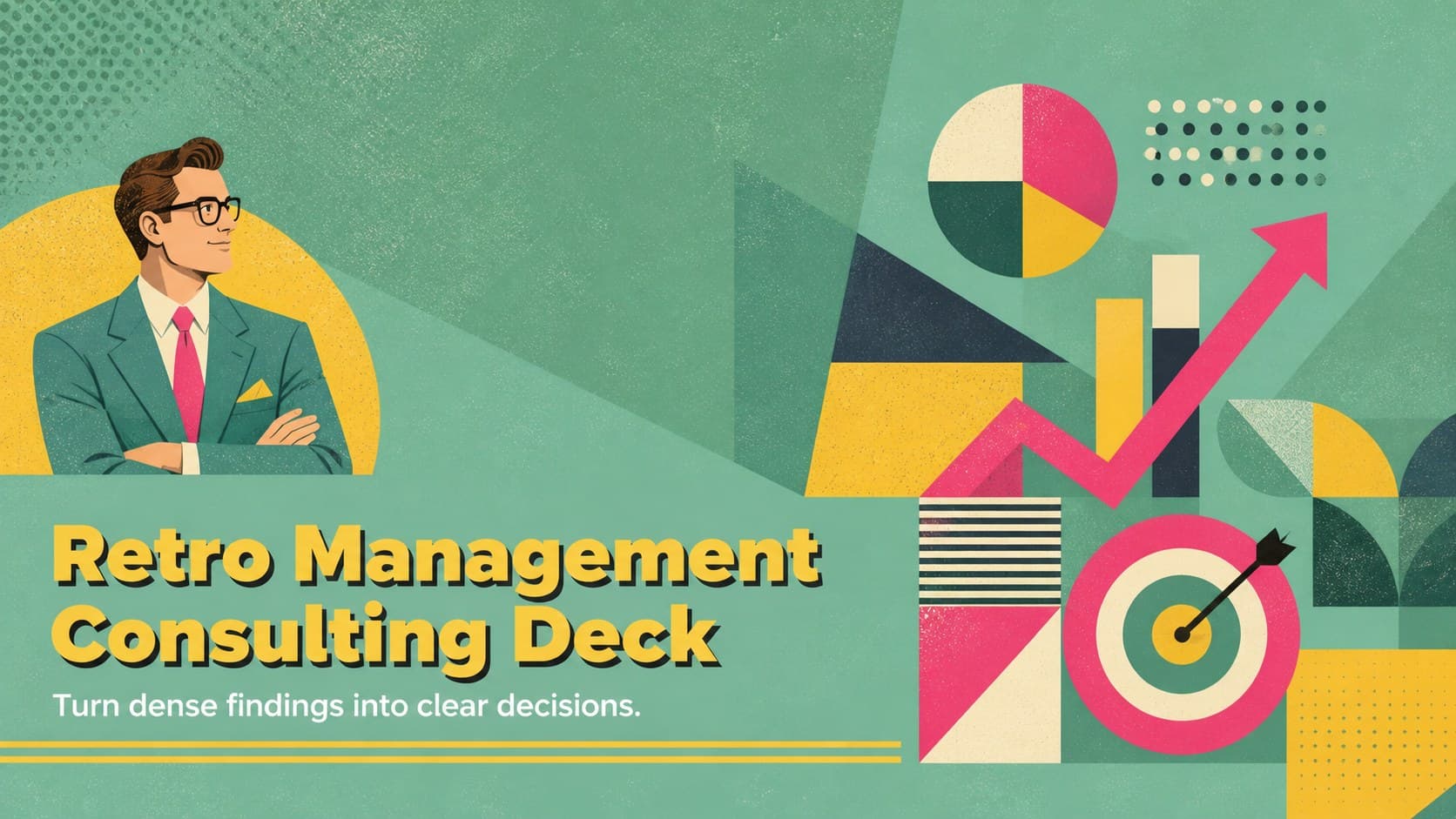 Cover of a Retro Management Consulting Deck with green retro illustrations and a bold strategic presentation title.