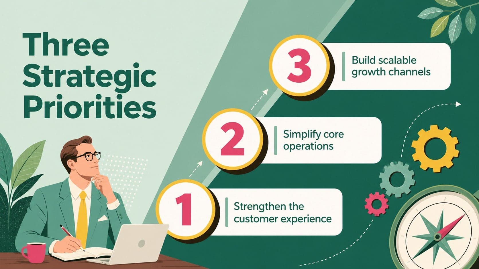 Management consulting priorities slide highlighting customer experience, operations, and scalable growth.
