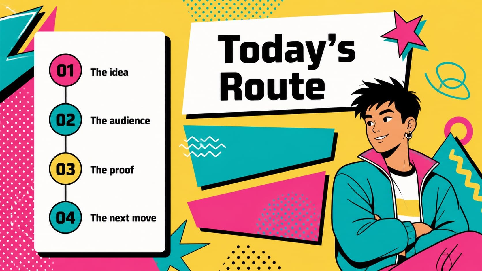 Agenda slide organizing a colorful retro presentation around goals, audience, and next steps.