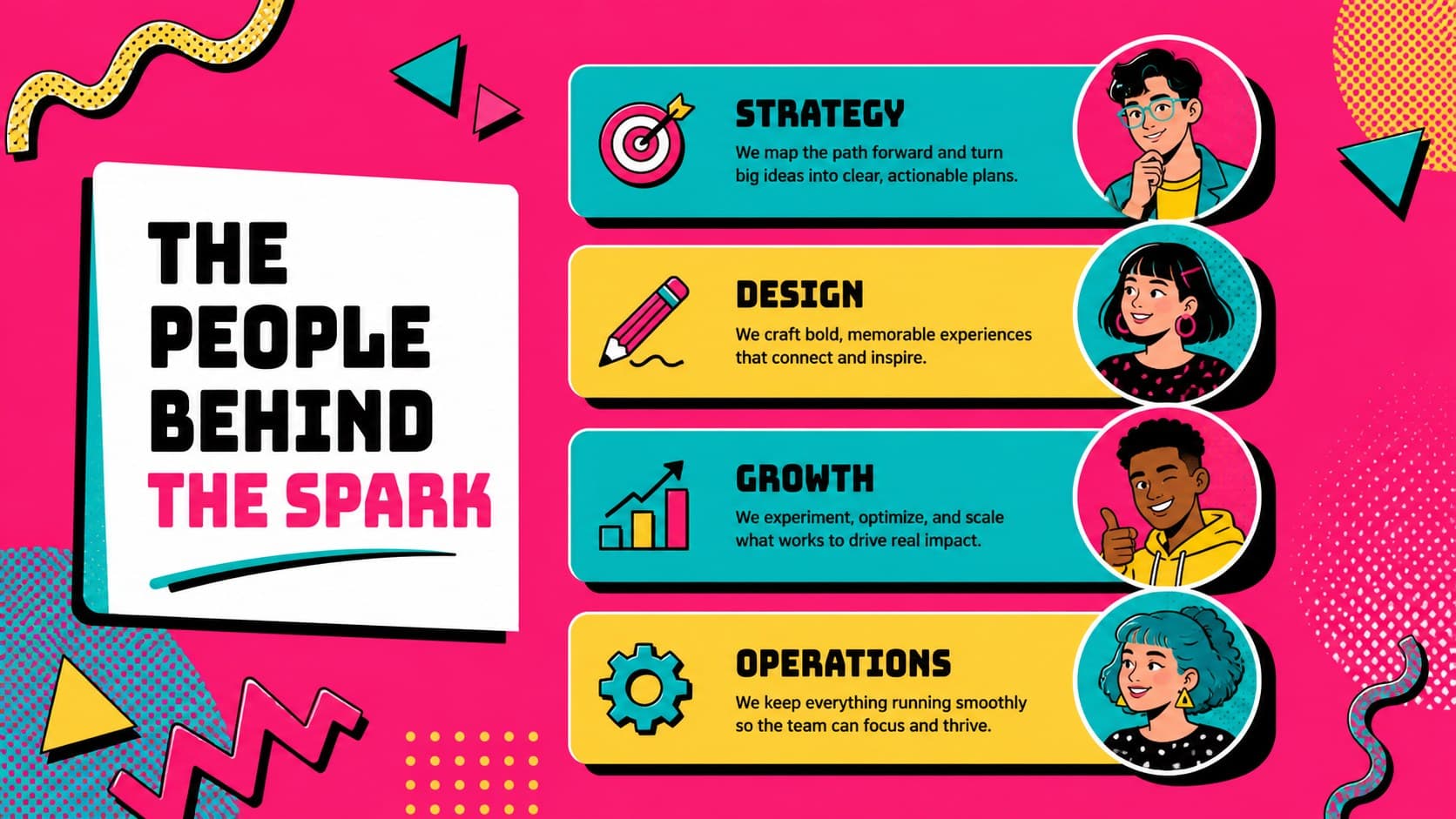 Team introduction slide with colorful profile areas for a creative pitch presentation.