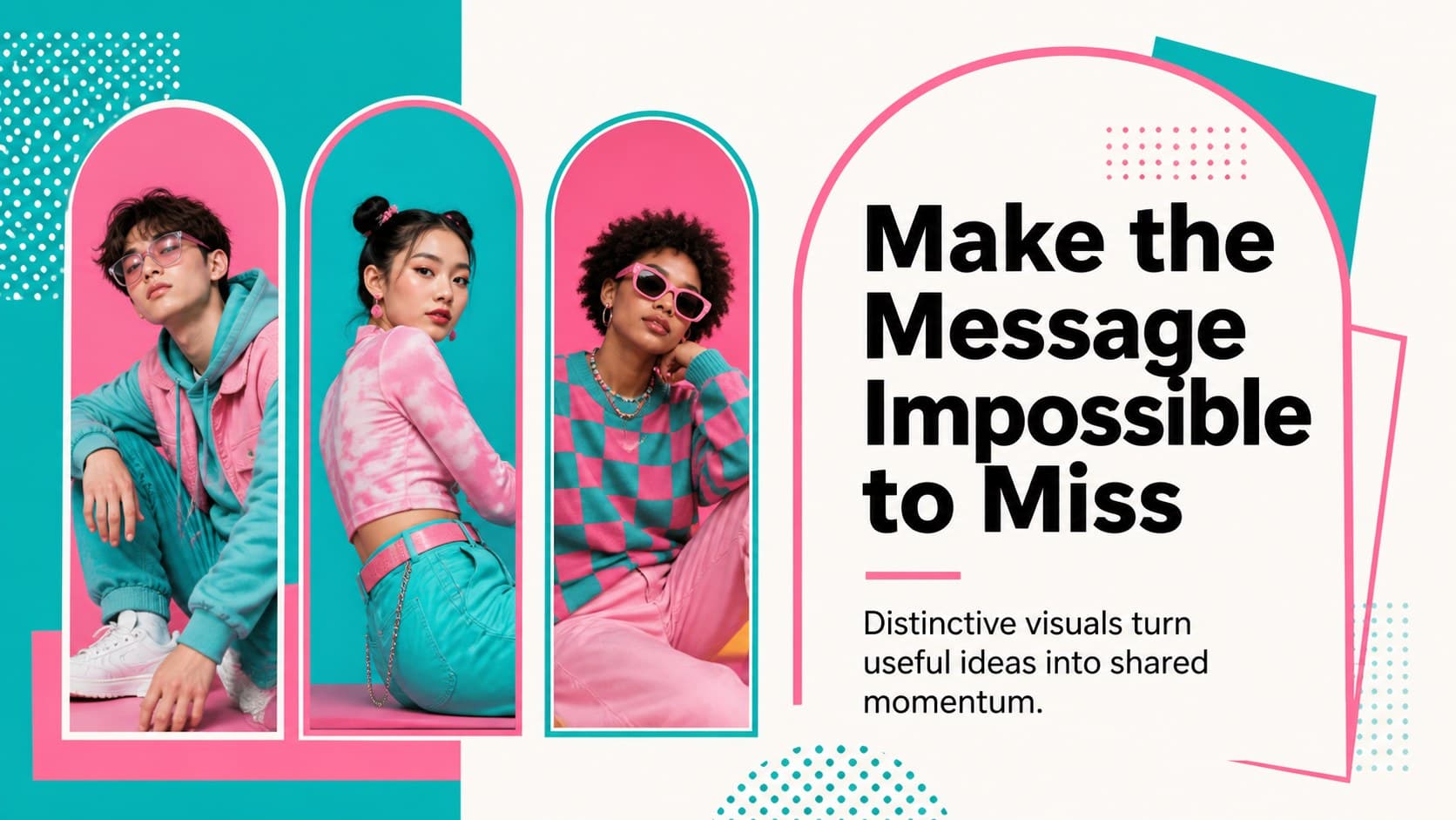 Visual collage slide combining product imagery and messaging for a retro creative deck.