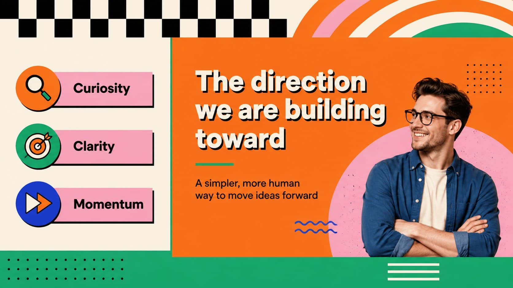 Vision and values slide showing a future-focused statement with colorful geometric Memphis decorations.