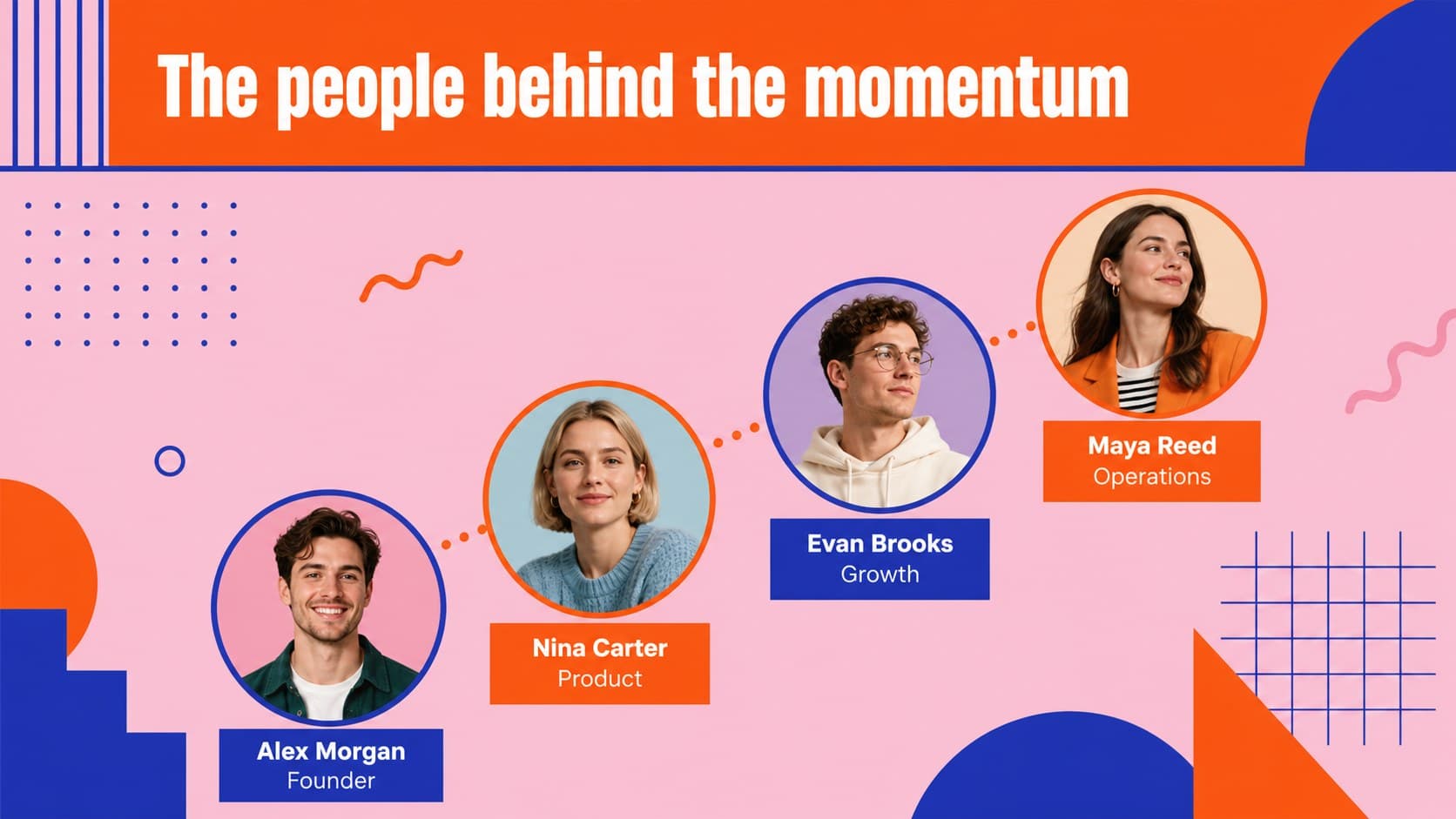 Team introduction slide showing four original team profiles in a bright geometric company presentation design.
