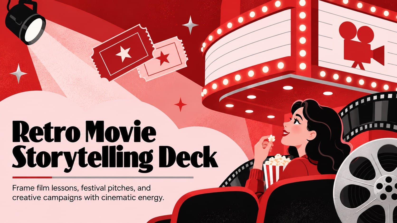 Cover of a Retro Movie Storytelling Deck with bold red, pink, and silver cinema illustrations.