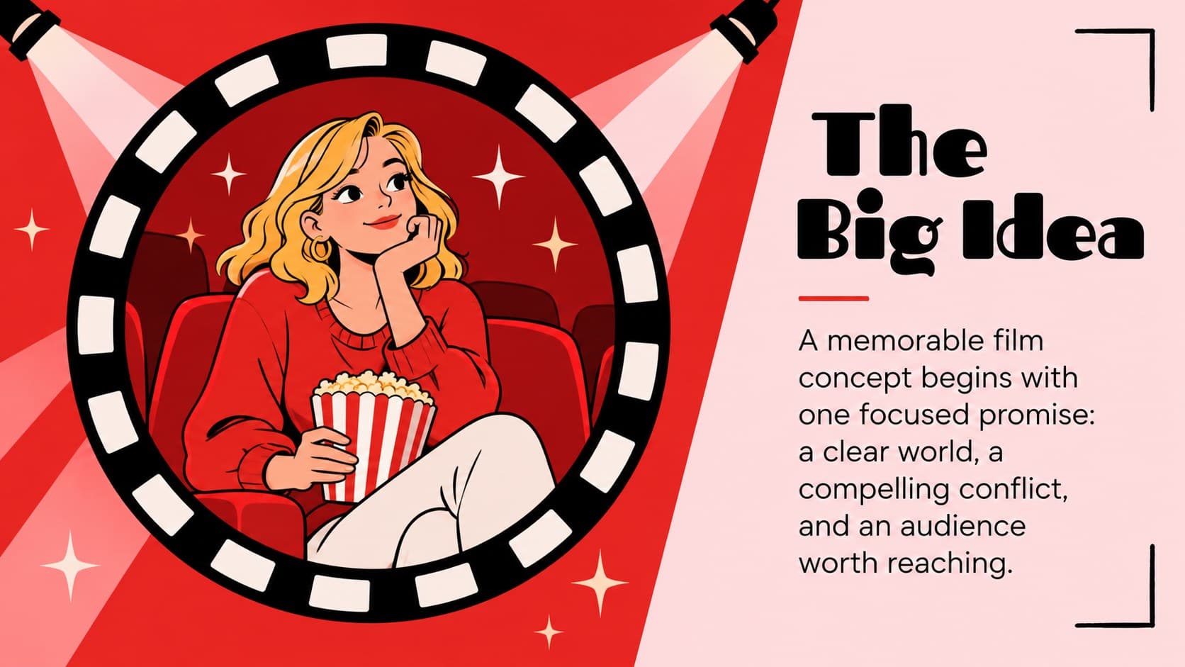 Film concept slide presenting a concise logline within a red and pink illustrated cinema layout.