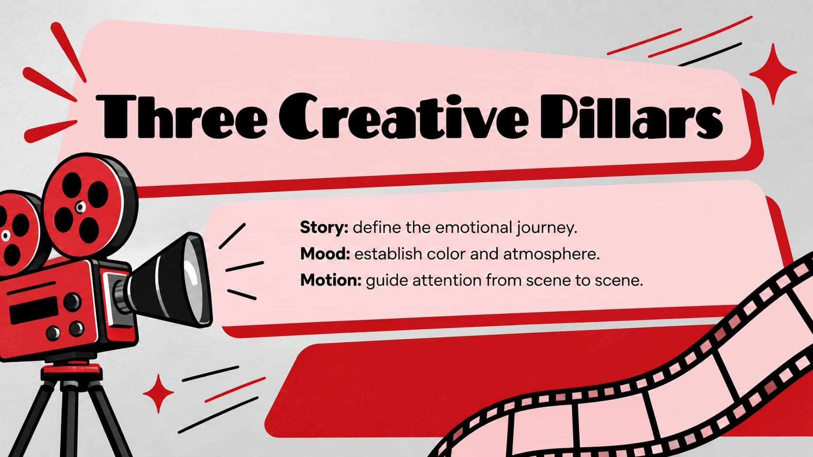 Visual storytelling slide showing story, mood, and motion as three cinematic creative pillars.