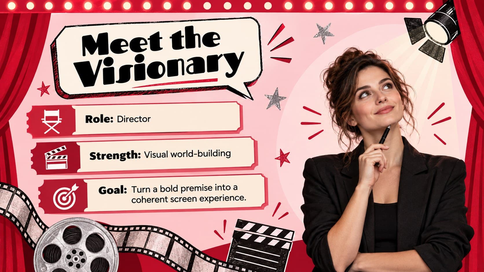 Movie character profile slide with an original illustrated filmmaker and concise role details.