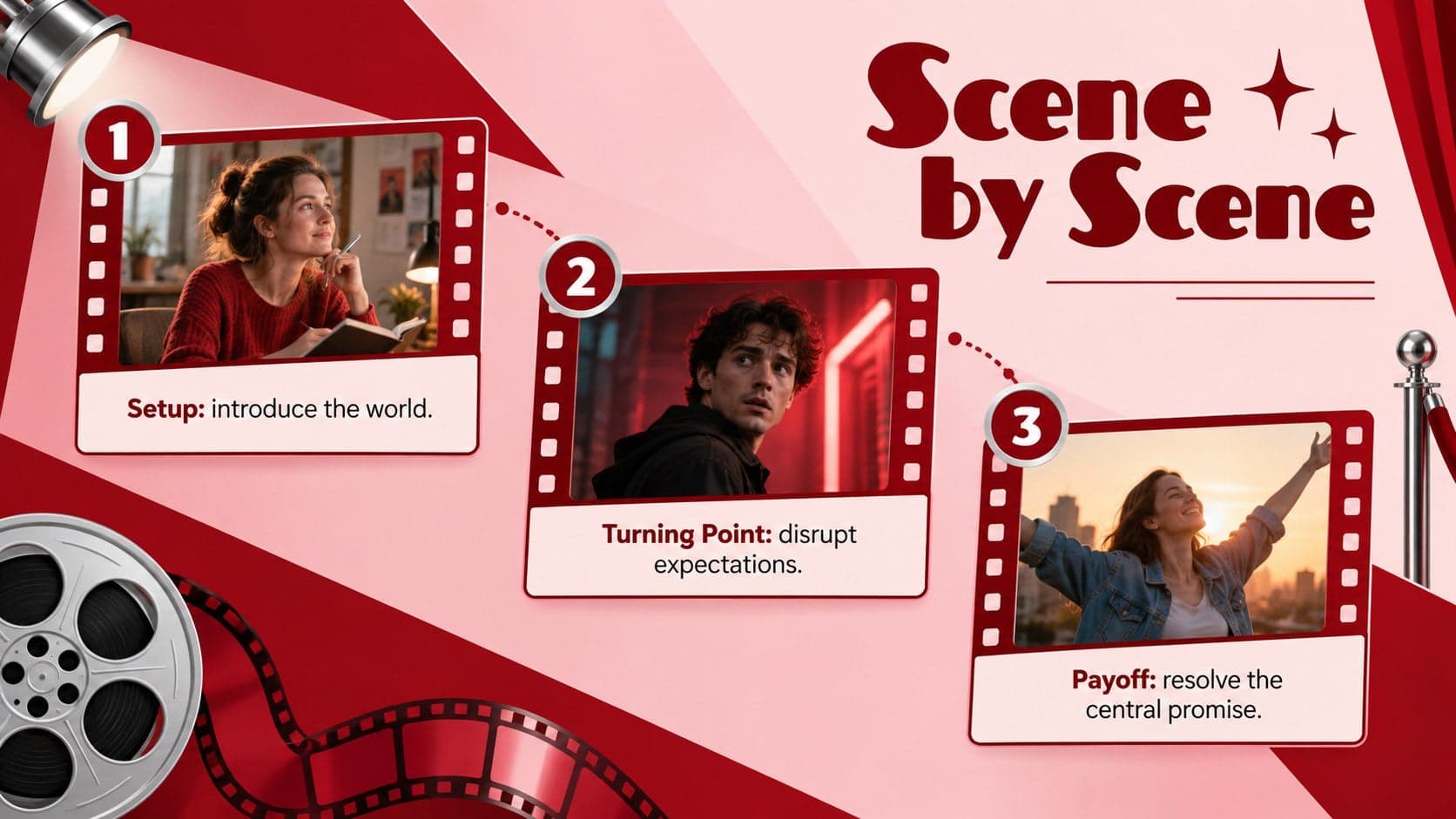 Scene breakdown layout organizing setup, turning point, and payoff for a film presentation.