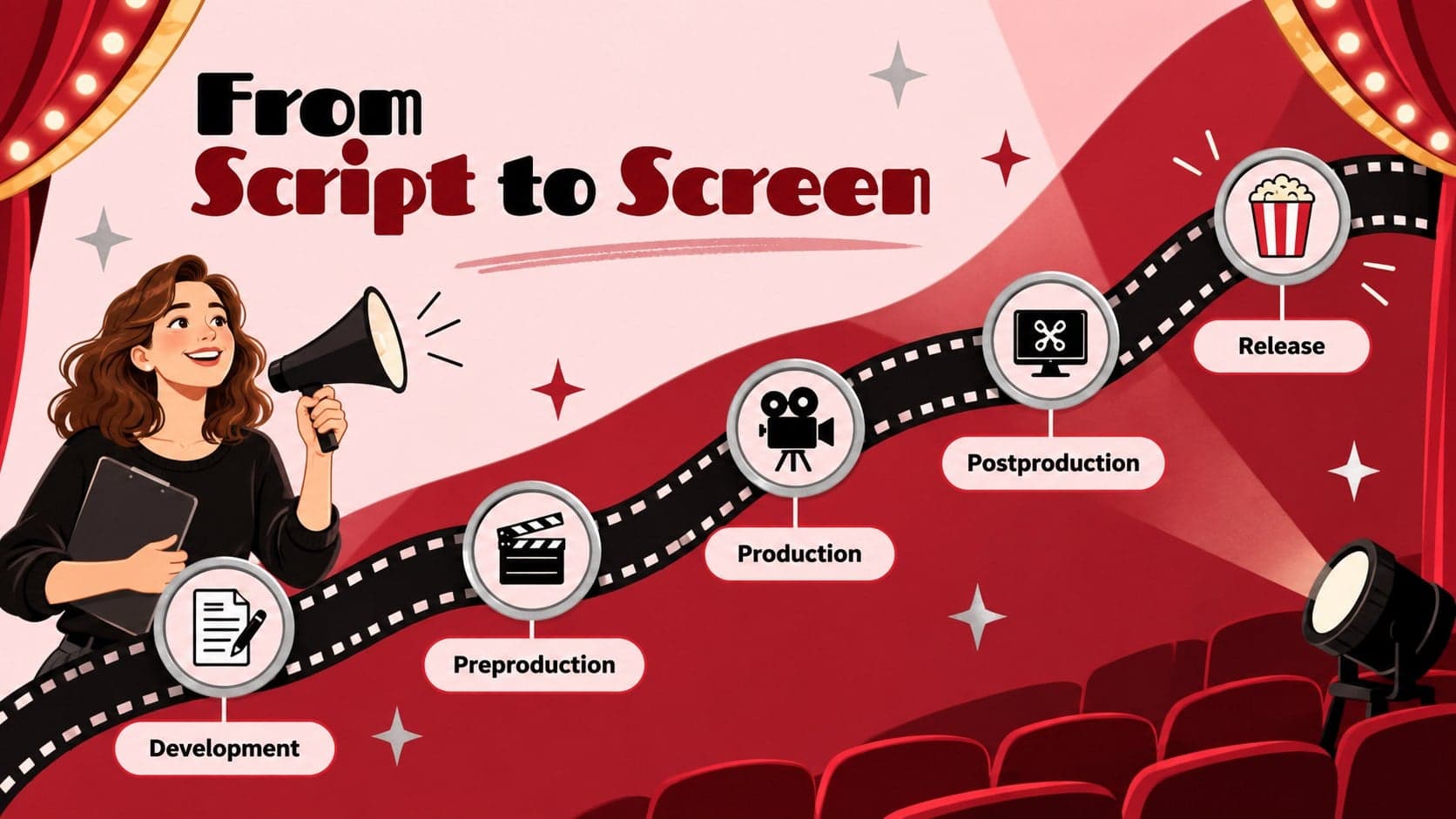 Film production timeline slide mapping development through release in a retro cinema theme.
