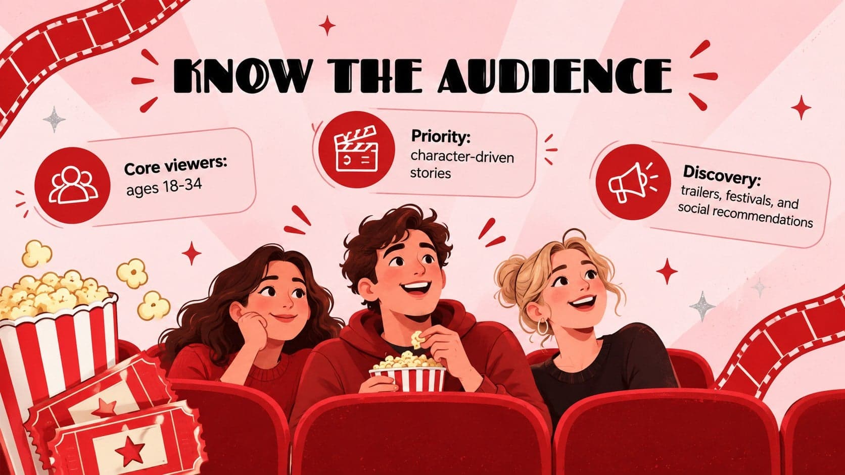 Audience profile slide with demographic and viewing-preference insights for a movie campaign.