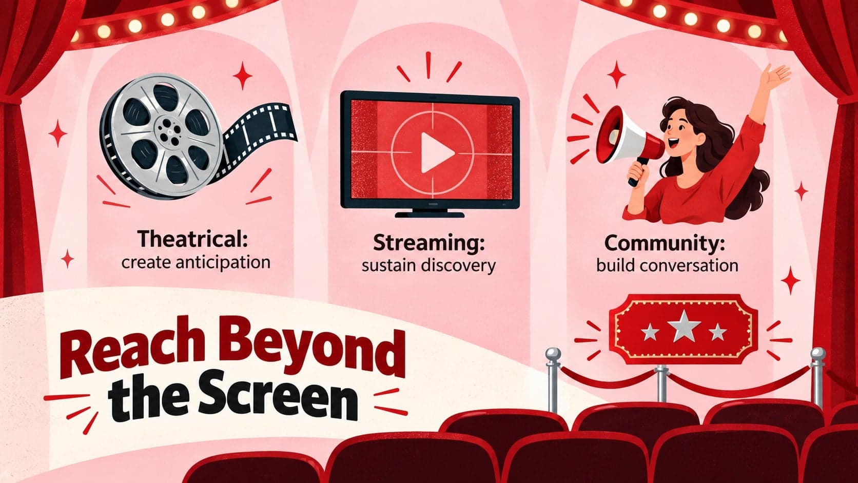 Movie marketing pitch deck slide comparing theatrical, streaming, and community campaign channels.
