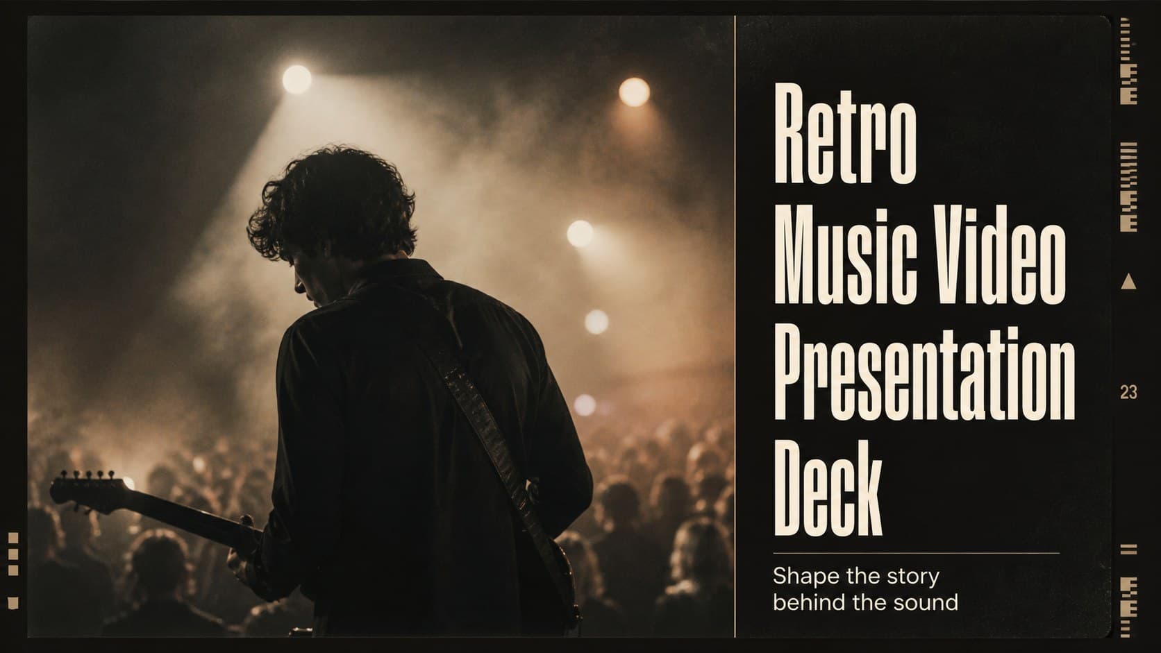 Cover slide for a retro music video presentation with bold black typography, beige accents, and dramatic editorial photography.