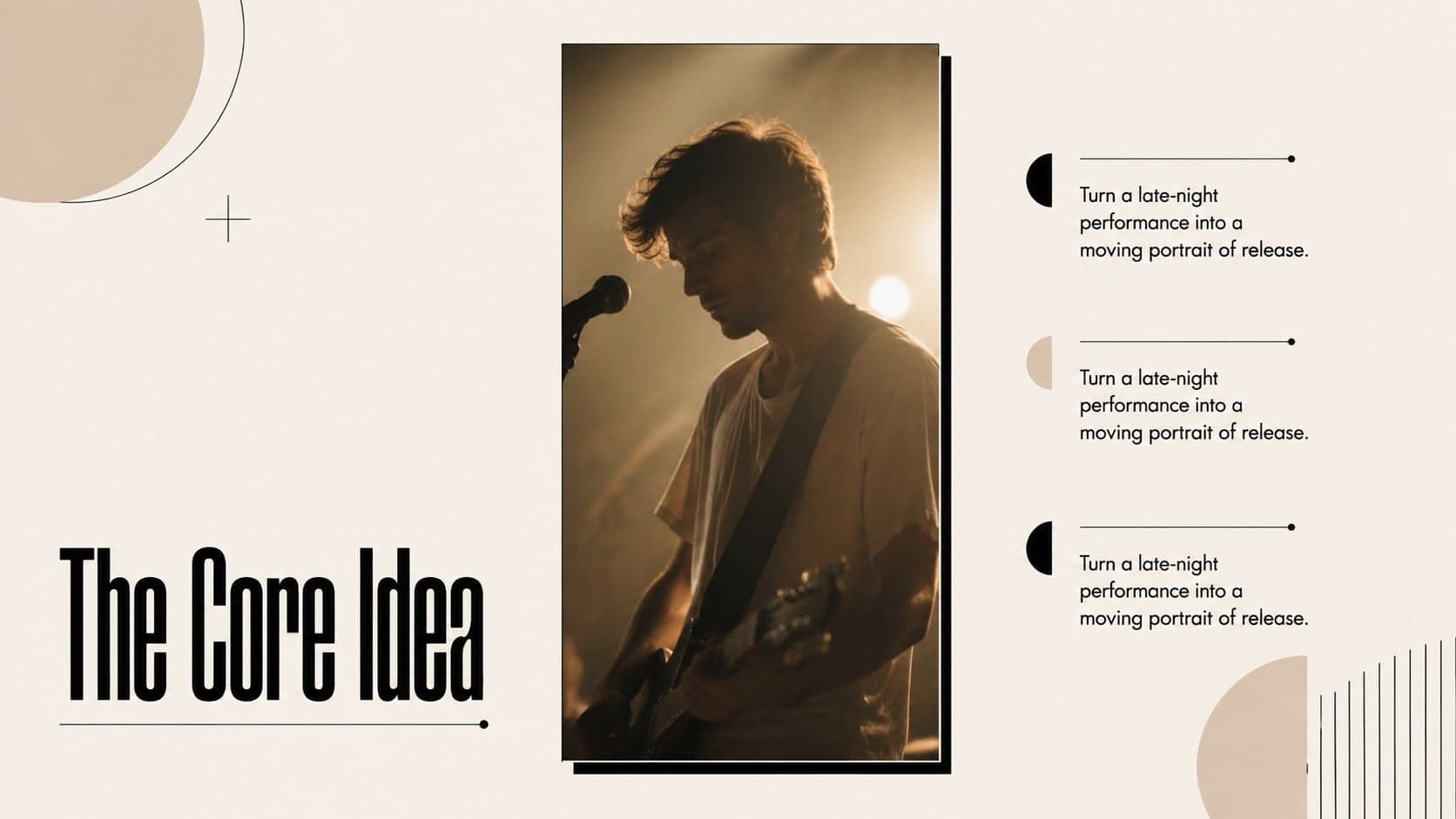 Music video concept slide combining a large photographic frame with concise creative direction notes.