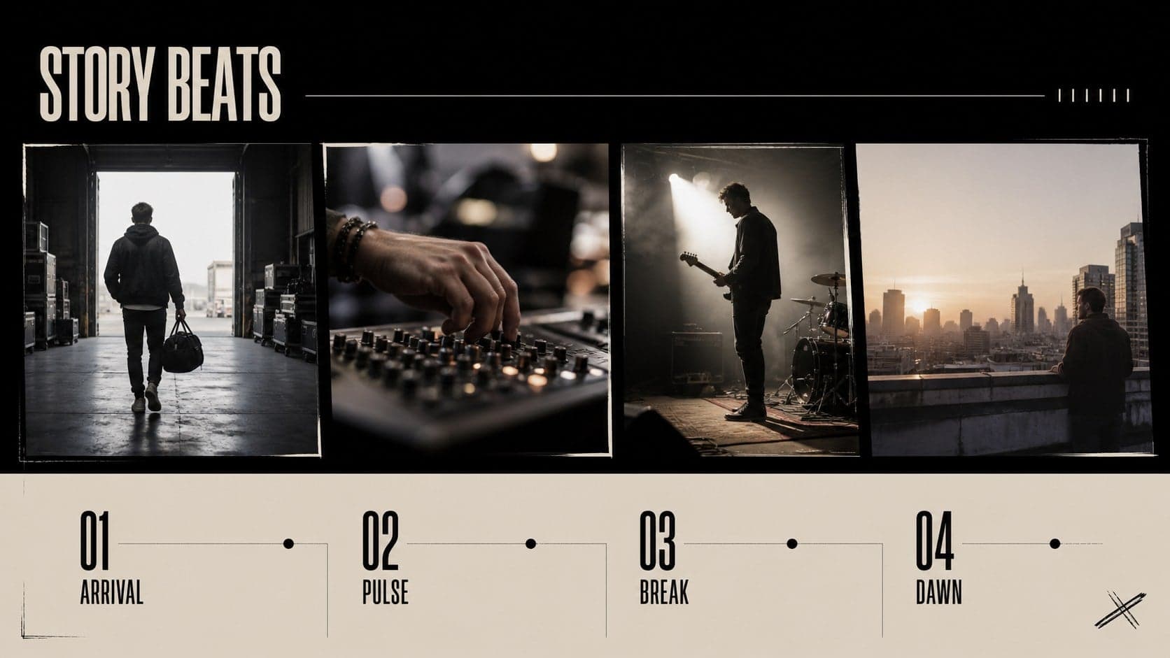 Music video storyboard presentation slide showing sequential visual beats in a retro photo-led layout.
