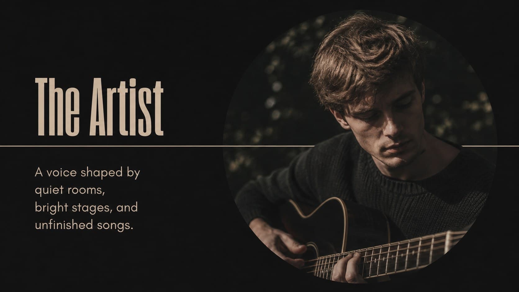 Artist profile slide with a large portrait area and supporting biography for a music project.