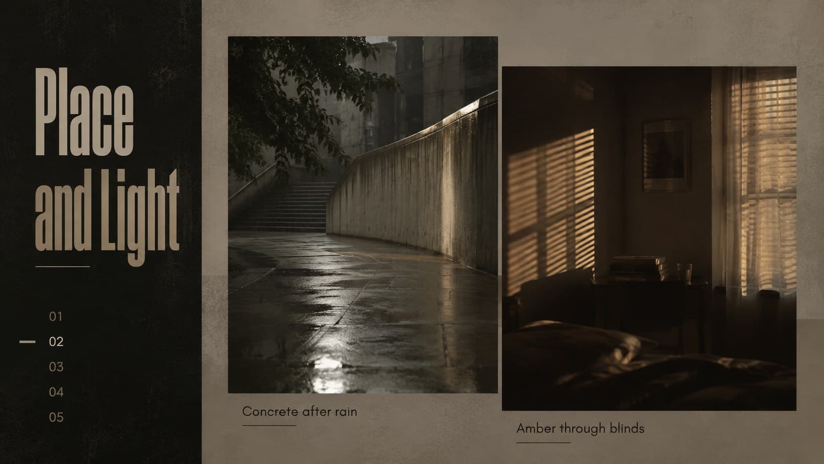 Music video treatment slide outlining locations, lighting, and atmosphere with editorial photography.