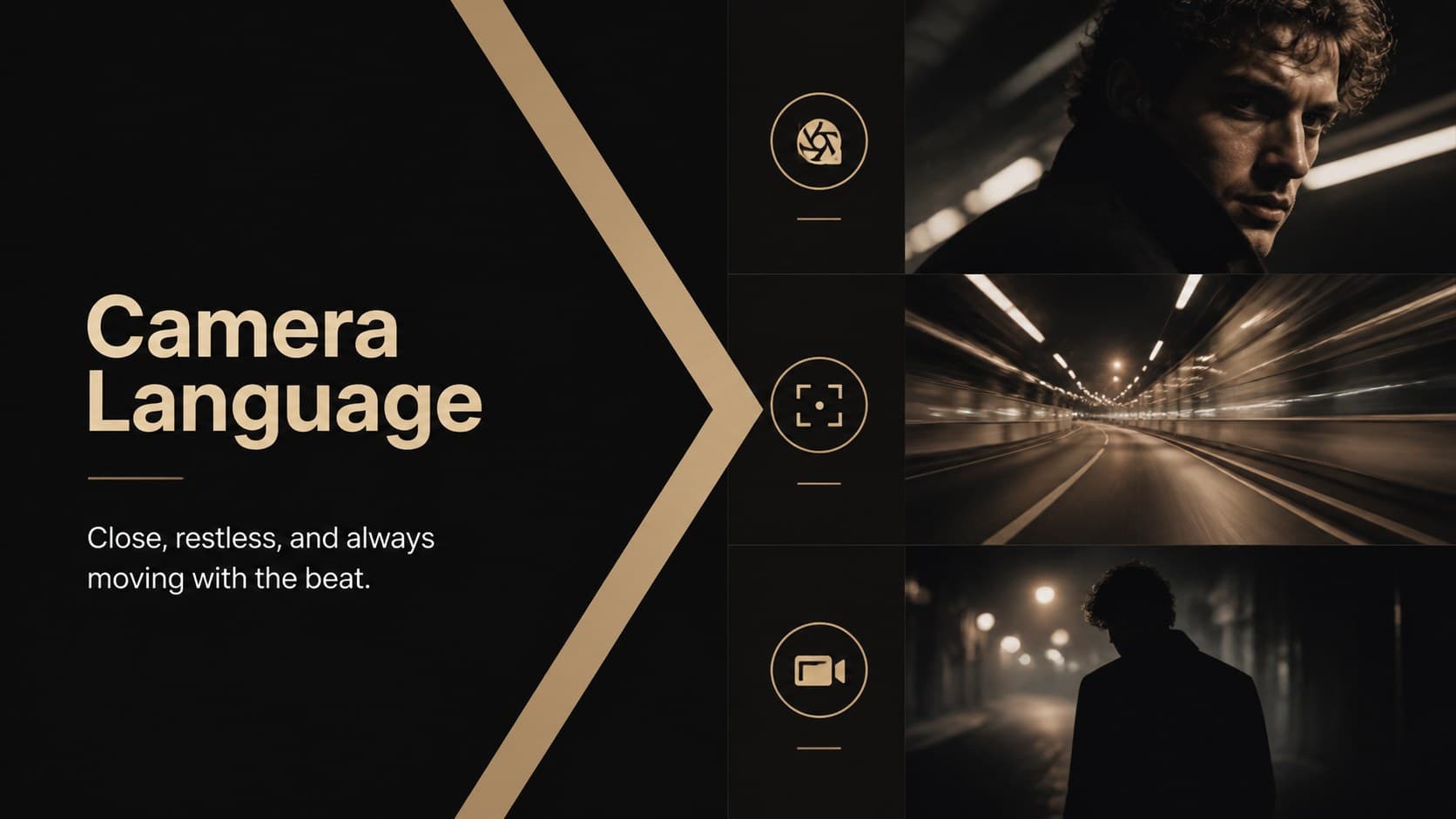 Music video production slide mapping camera movement and performance energy through bold visual blocks.