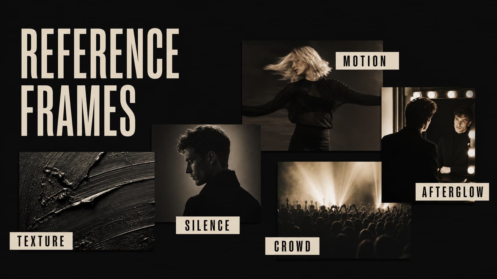 Photo reference board slide featuring varied music-video imagery in a black and beige collage.