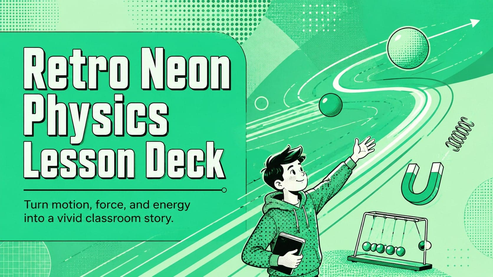 Cover of a Retro Neon Physics Lesson Deck with green halftone graphics and illustrated motion symbols.
