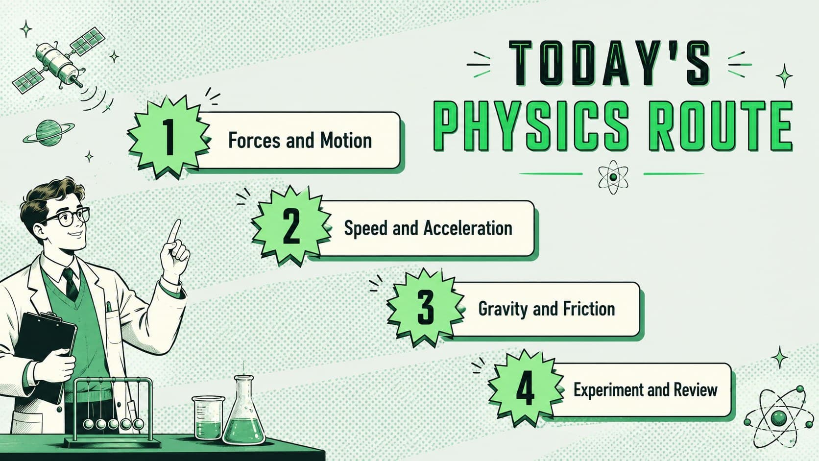 Neon green physics lesson agenda outlining forces, motion, gravity, and a classroom experiment.
