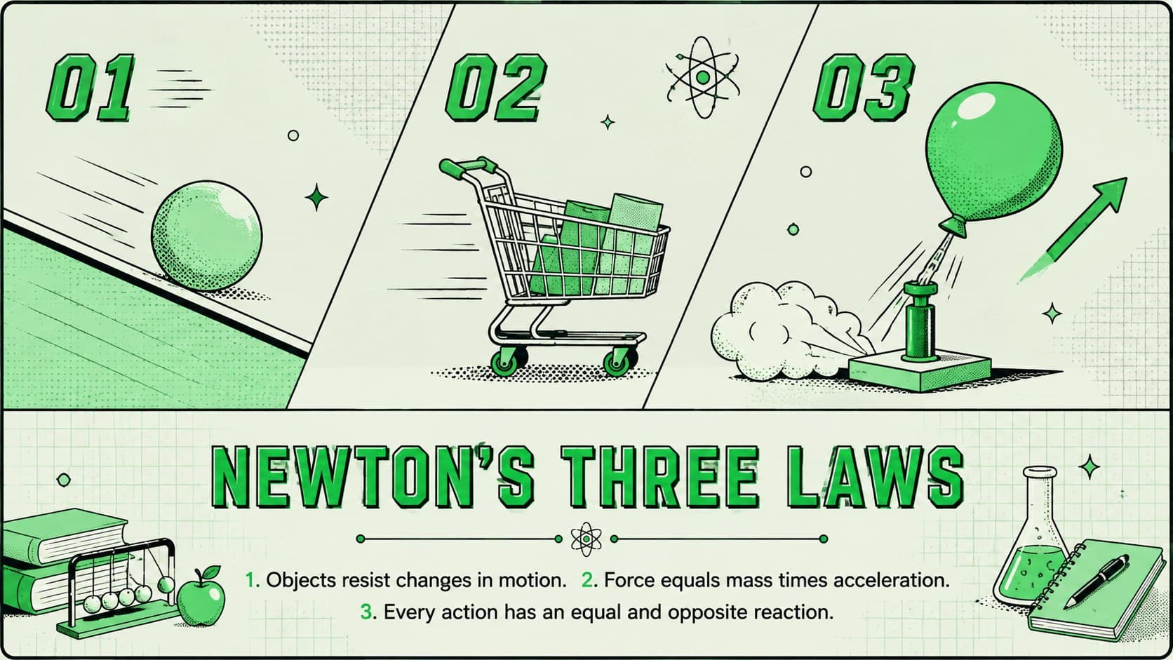 Retro pop art physics theme slide summarizing Newton's three laws with neon green illustrations.