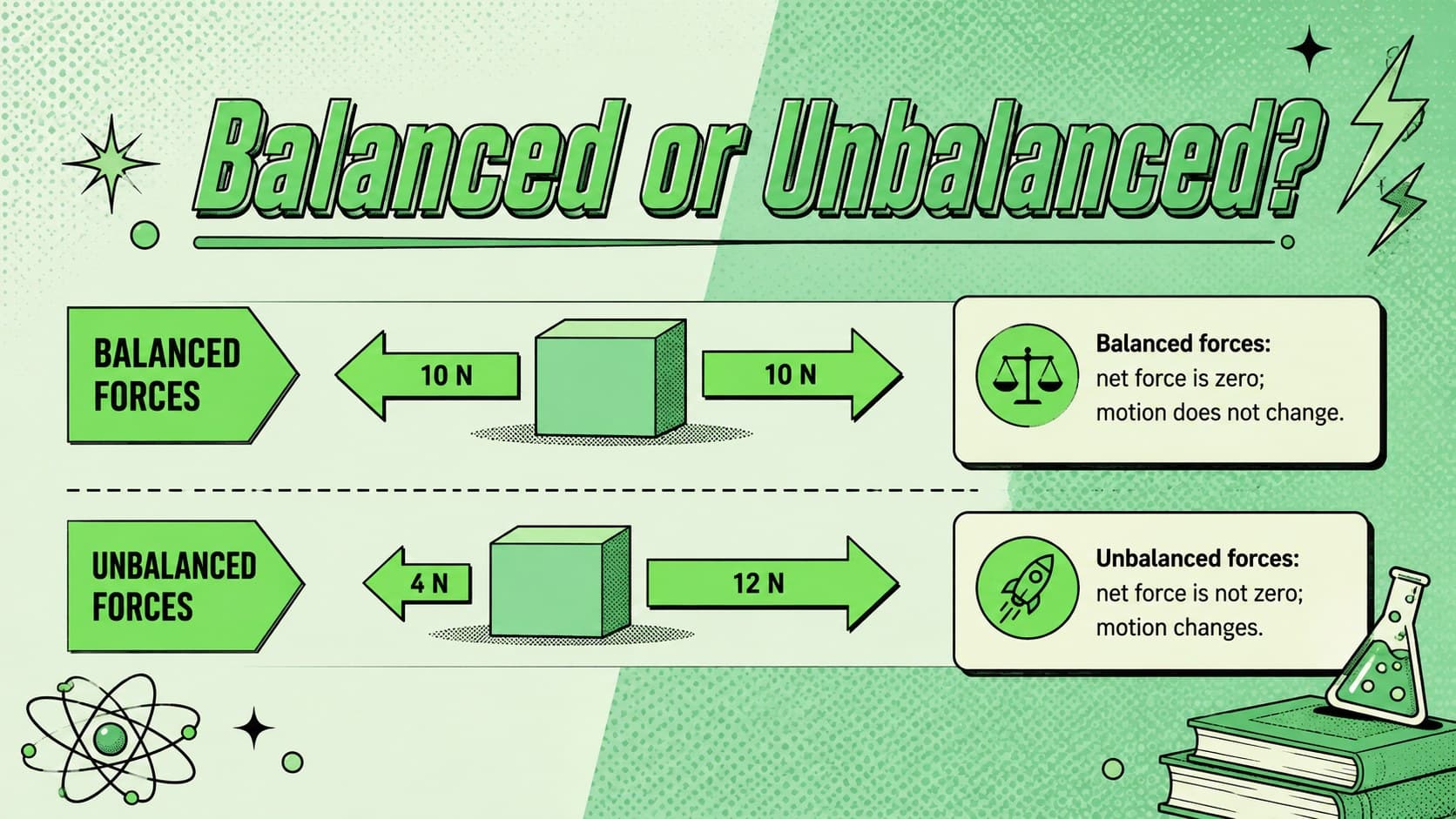 Force diagrams presentation template comparing balanced and unbalanced forces with neon arrows.