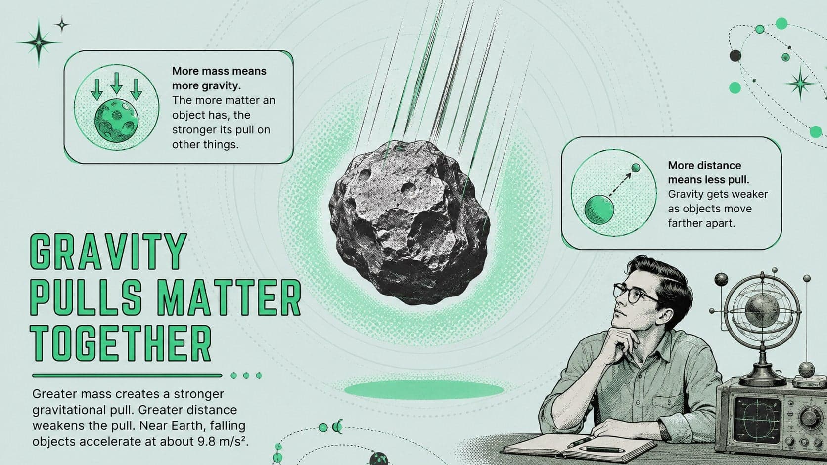 Grades 6-8 physics lesson slide explaining gravity through mass, distance, and falling objects.