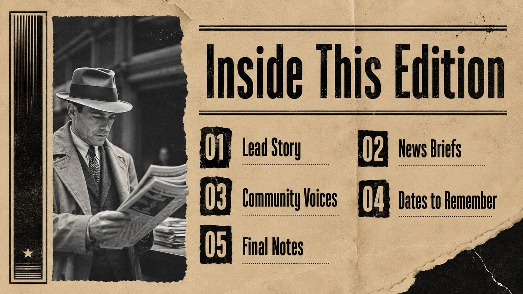 Editorial contents page listing sections in a retro newspaper newsletter layout.