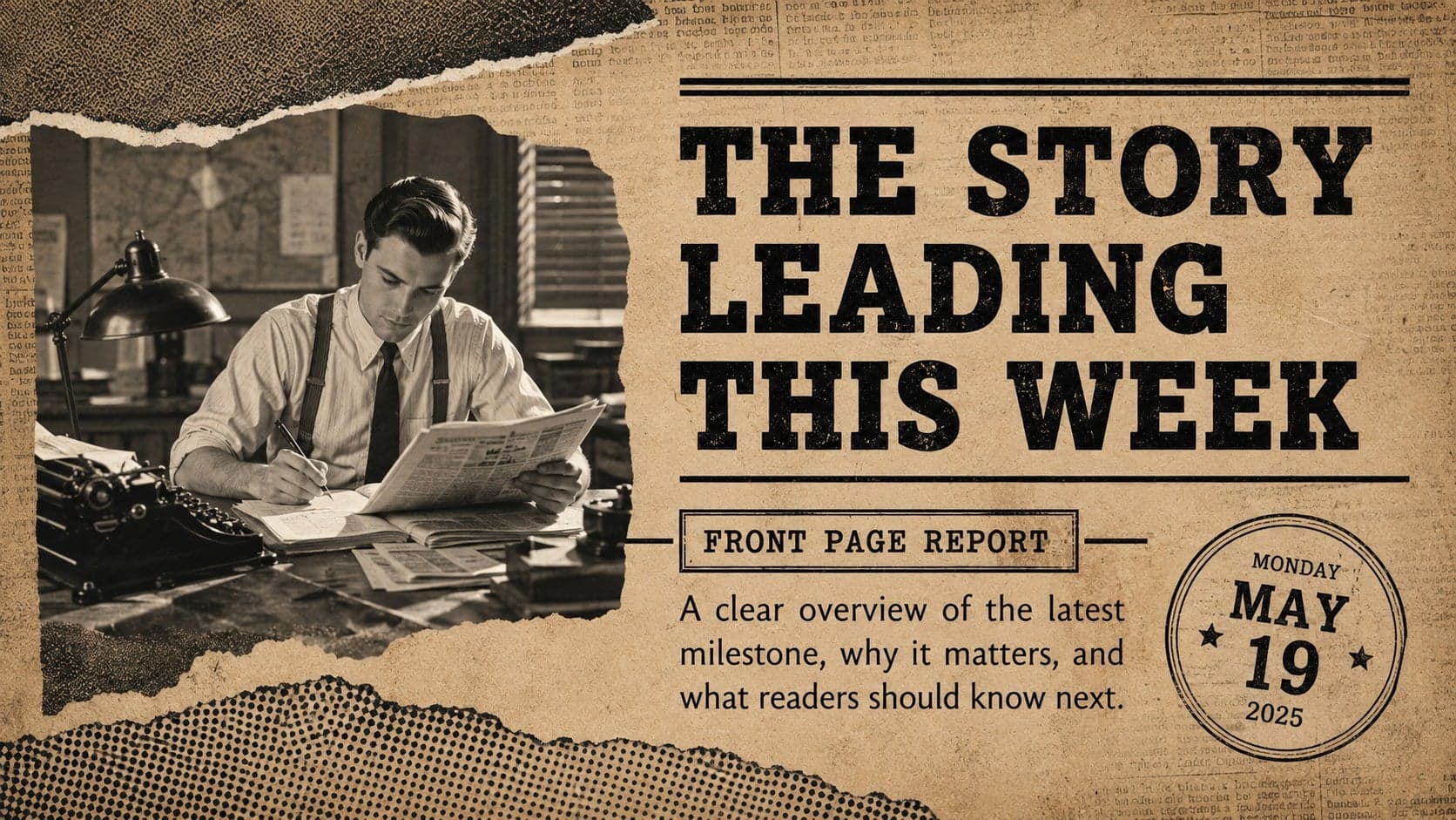 Front-page feature layout from a brown newspaper collage slides collection with a large story image and article summary.