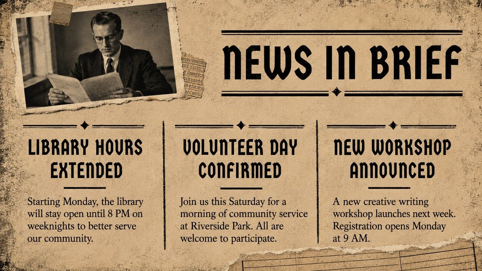 Three-column news briefs slide in a retro editorial presentation template.