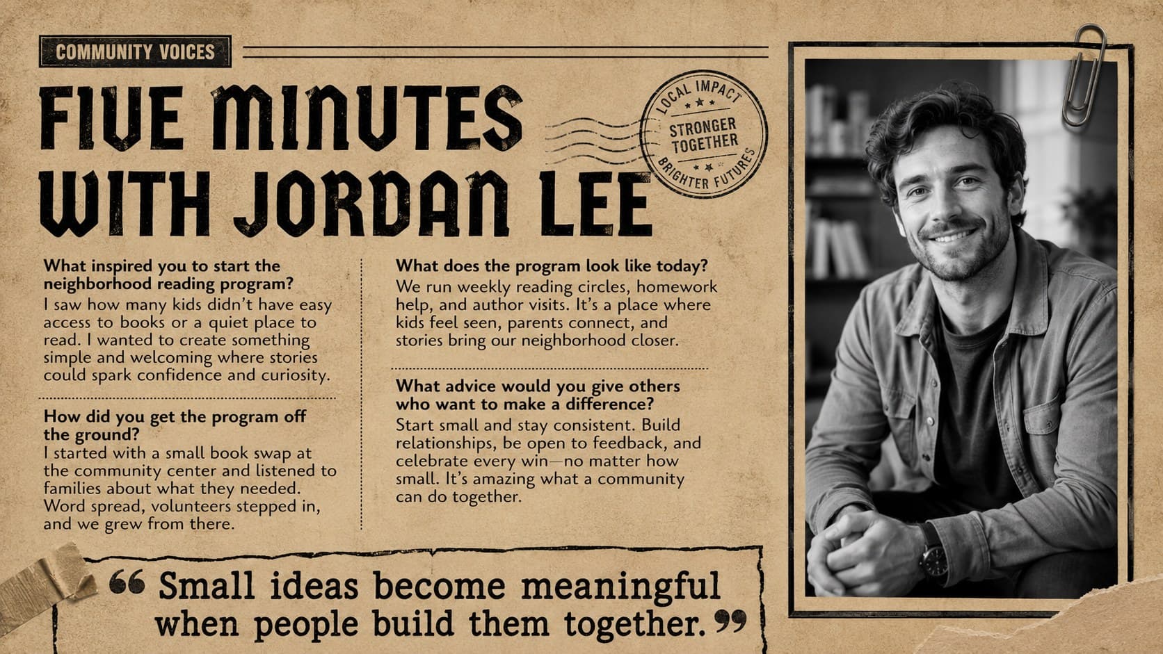 Community interview page with an original portrait and pull quote in a black-and-brown newspaper newsletter design.