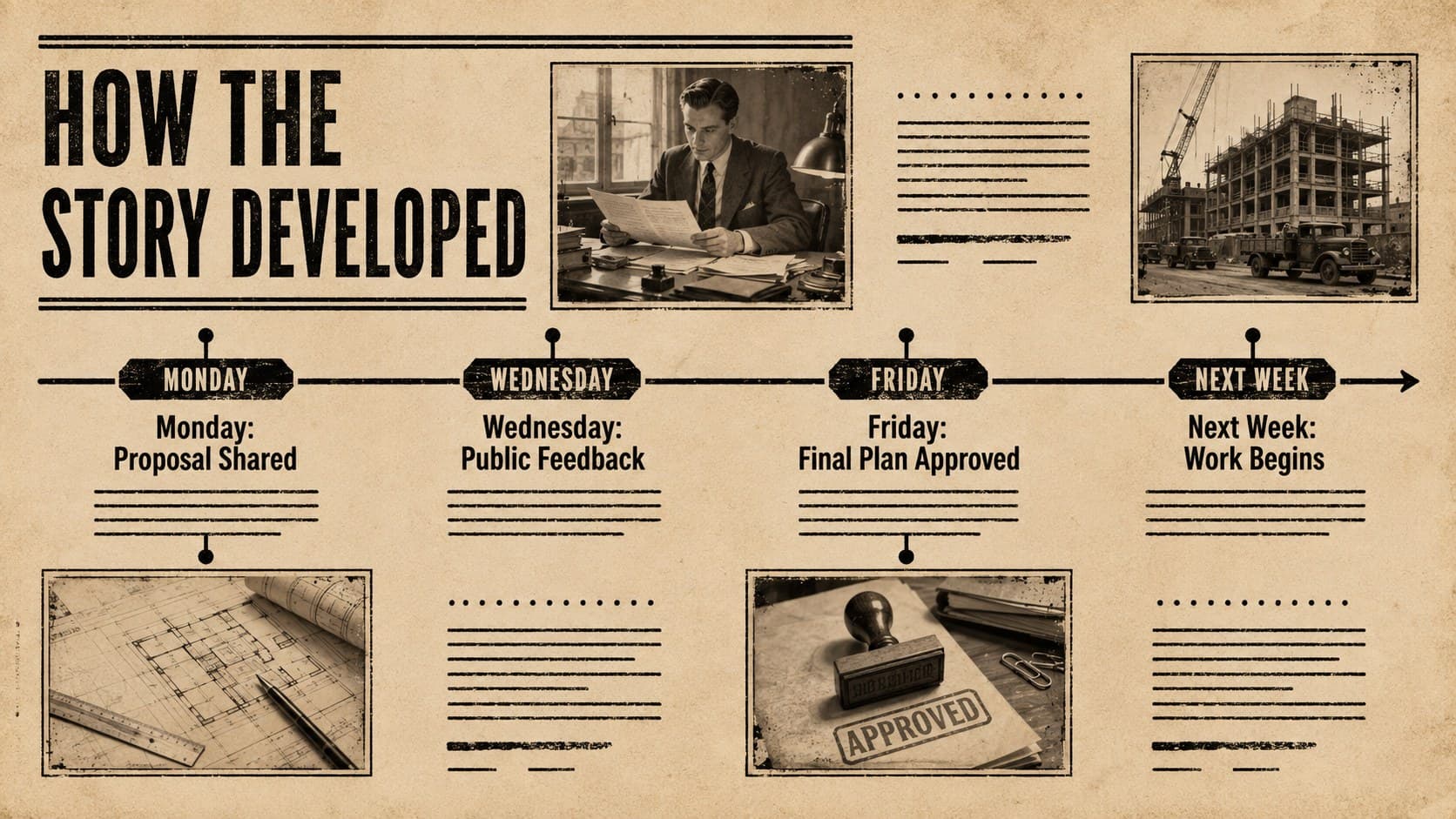 Historical news report presentation slide featuring a dated timeline and archival-style image placeholders.