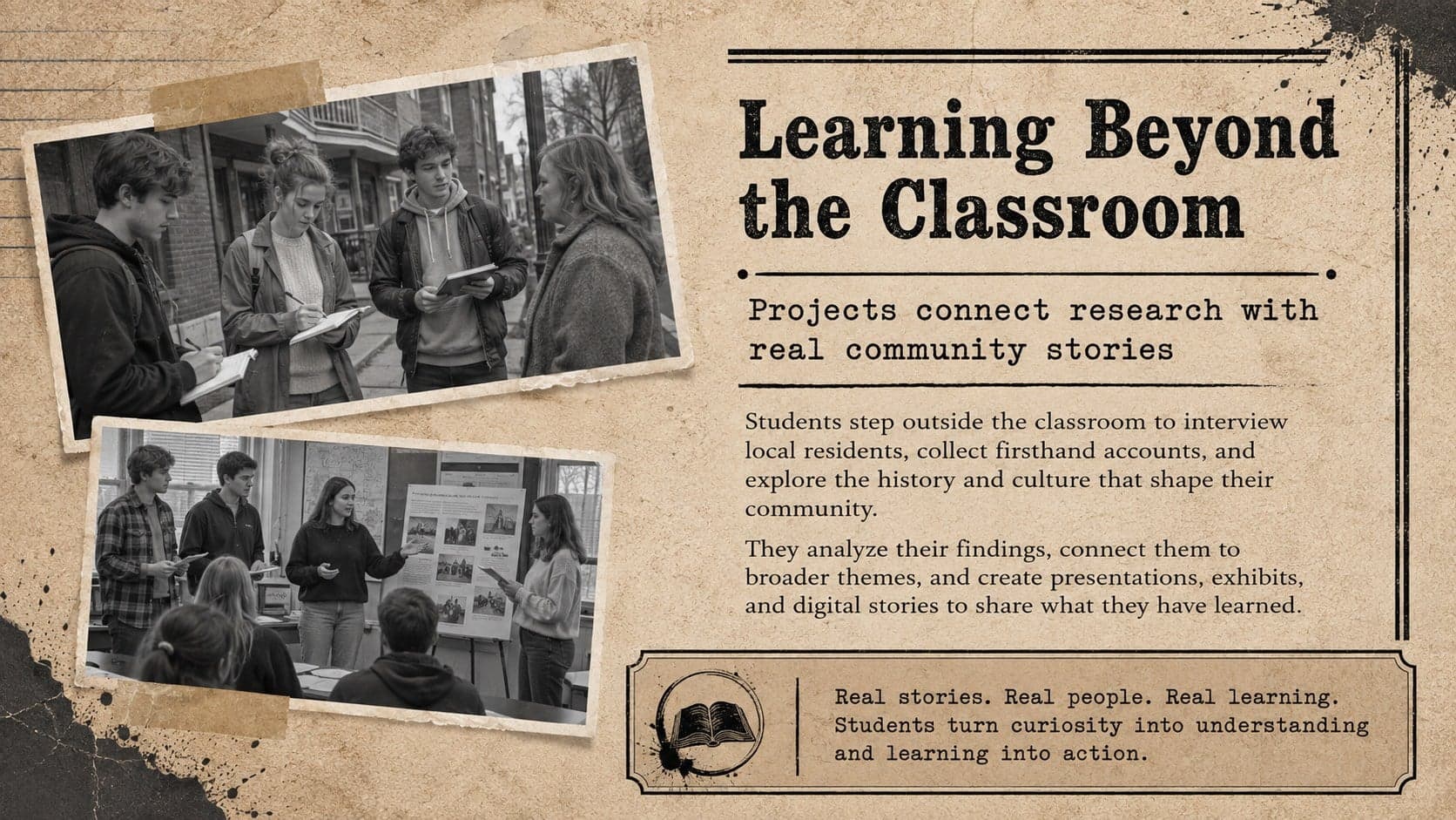 Classroom newspaper presentation page with two feature articles and scrapbook-style photographs.