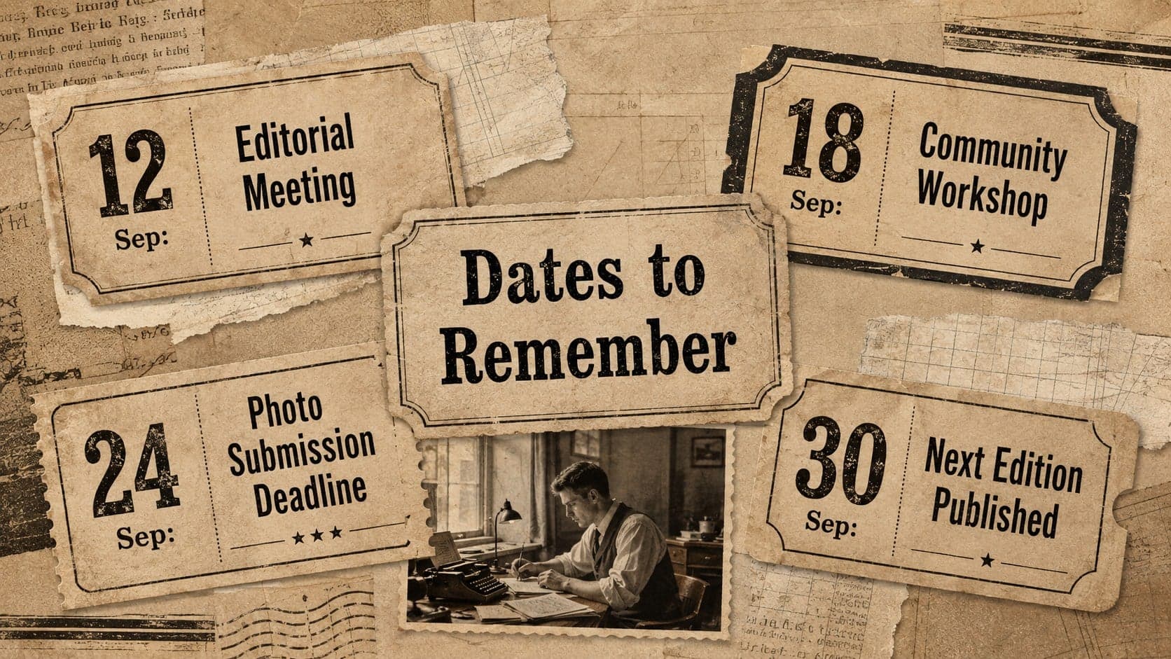 Upcoming events calendar arranged as dated newspaper clippings in a retro newsletter deck.