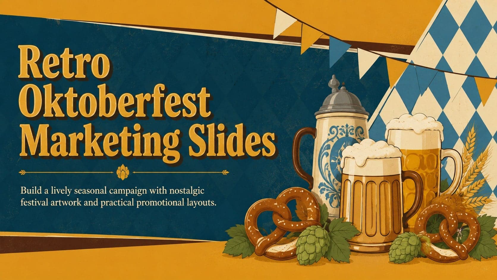 Cover for Retro Oktoberfest Marketing Slides with vintage festival illustrations in gold, yellow, brown, and blue.
