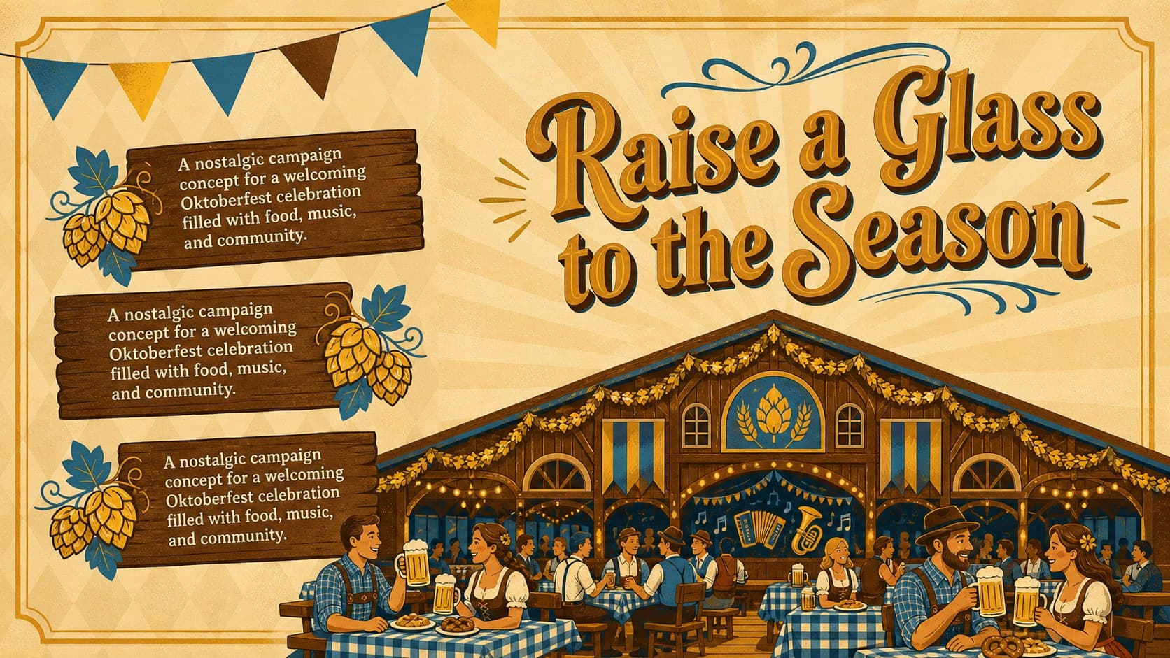 Oktoberfest event overview slide featuring a retro beer-hall illustration and concise campaign introduction.