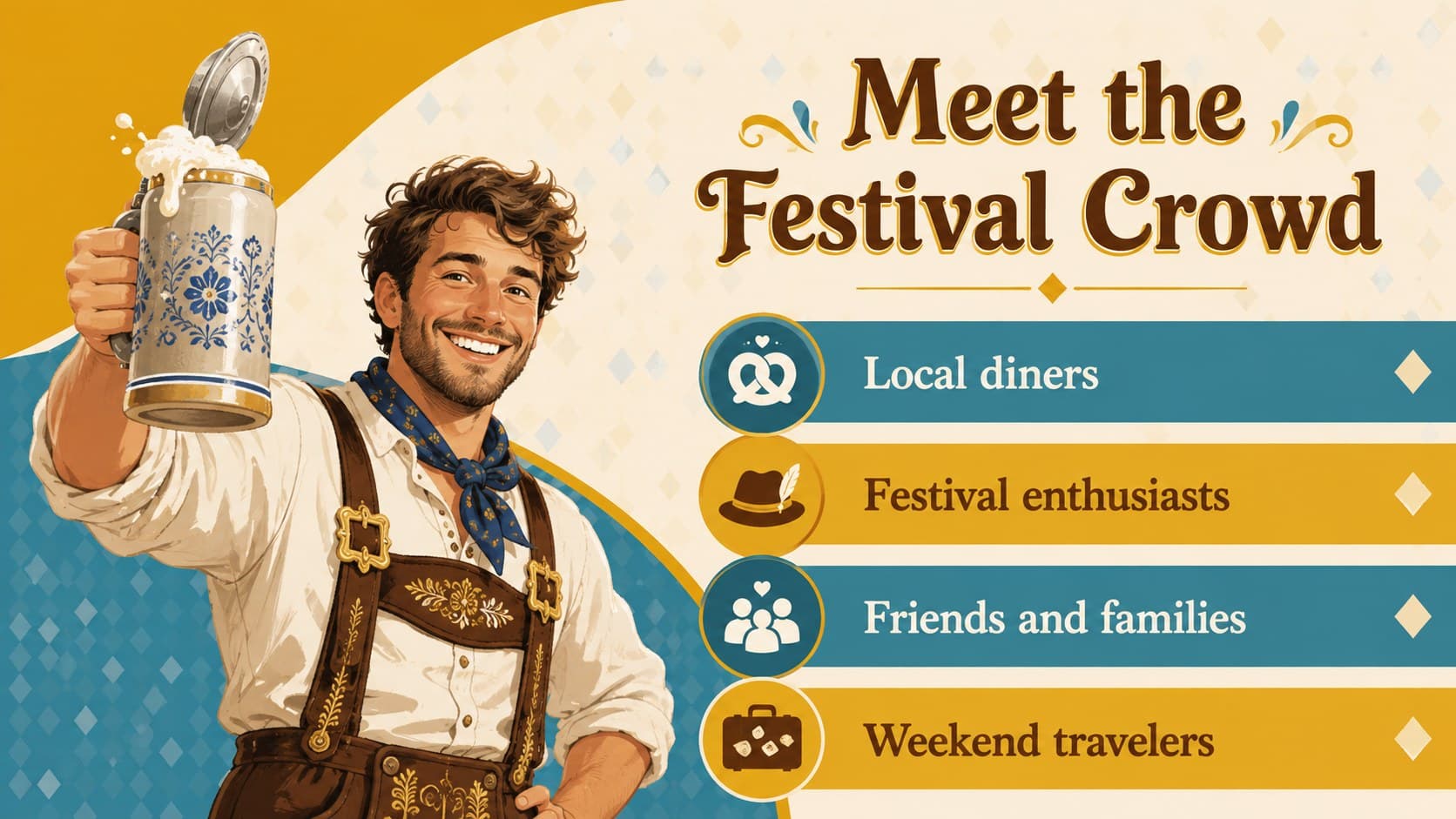 Oktoberfest audience profile slide describing local diners, festival fans, groups, and travelers.