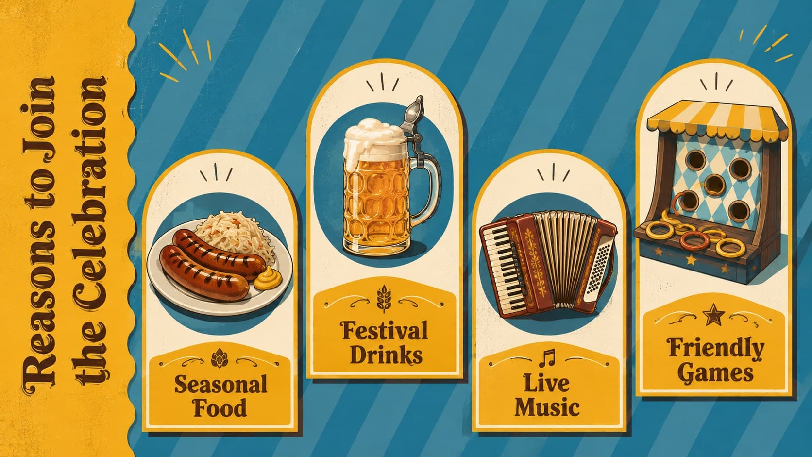 Oktoberfest event highlights slide presenting food, drinks, live music, and festive activities.