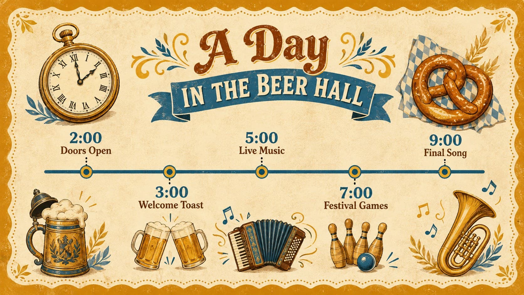 Beer-hall event schedule slide showing an afternoon-to-evening Oktoberfest program.