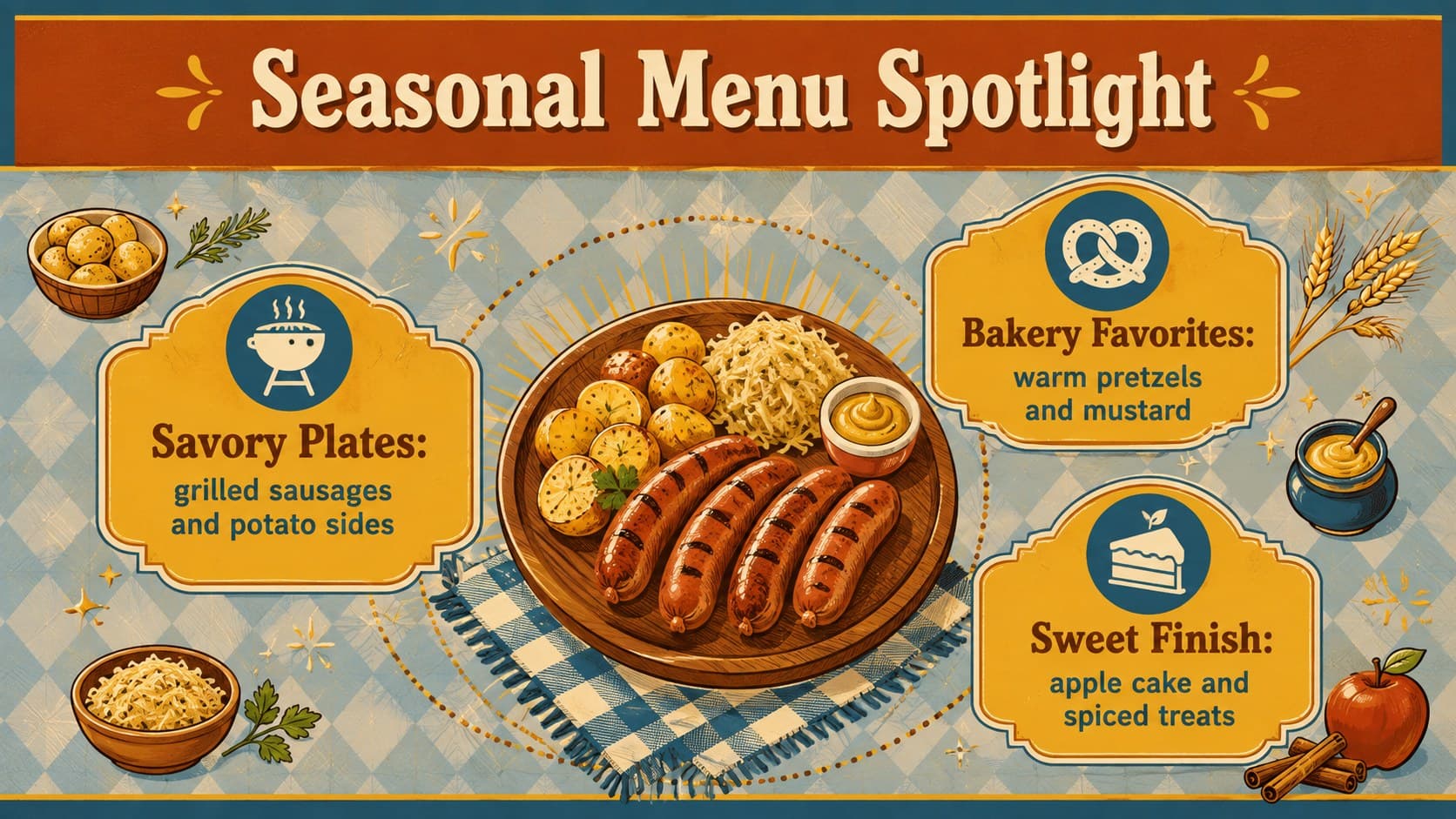 Seasonal Oktoberfest menu slide with illustrated savory dishes, pretzels, and desserts.