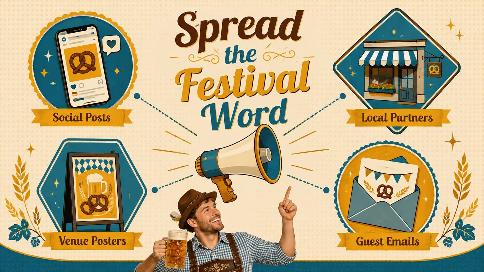 Festival promotion strategy slide outlining social, venue, partner, and email marketing channels.