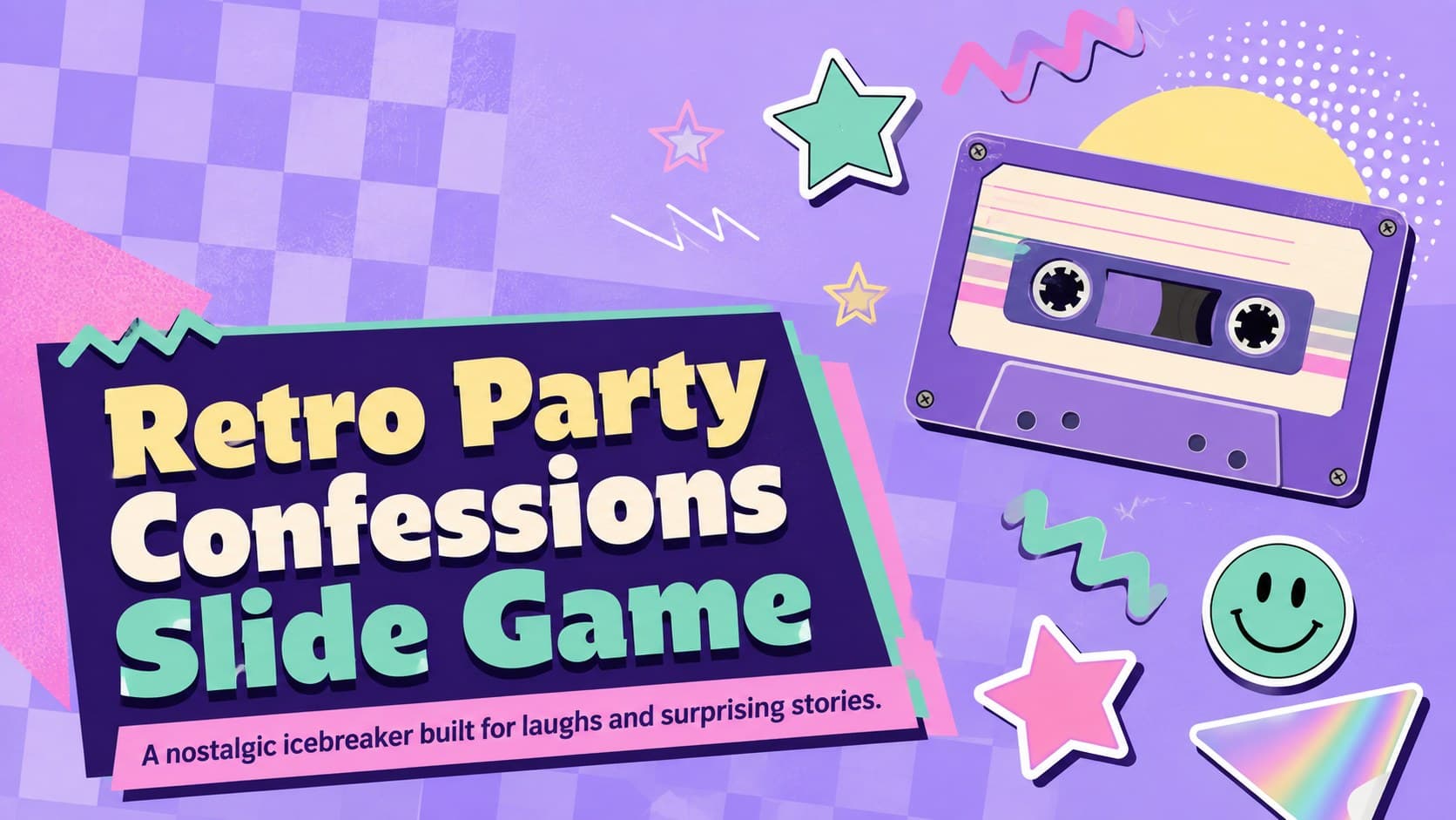 Cover of the Retro Party Confessions Slide Game with purple pastel 90s graphics and playful party decorations.