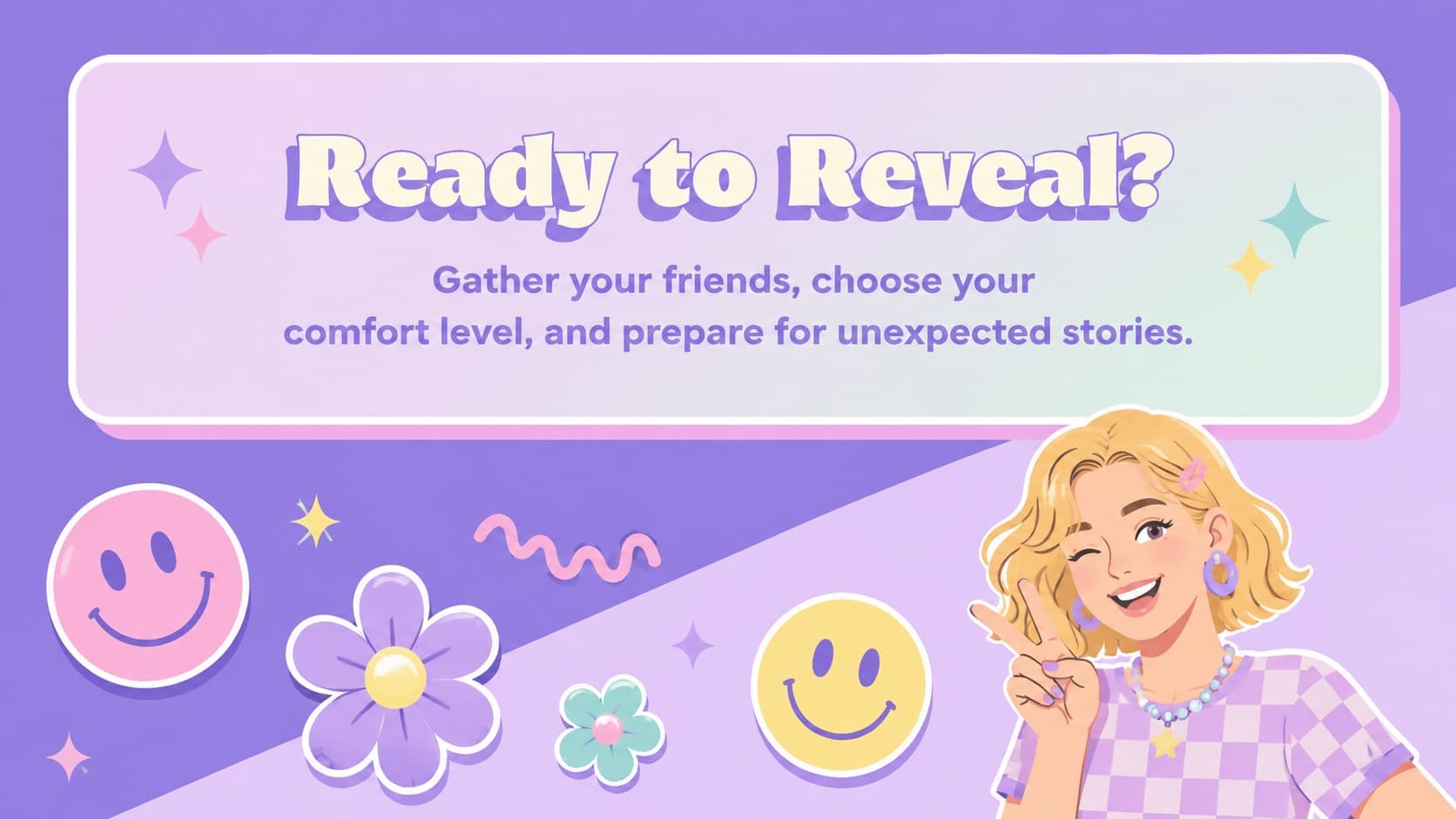 Purple retro party game introduction slide inviting friends to share surprising stories.