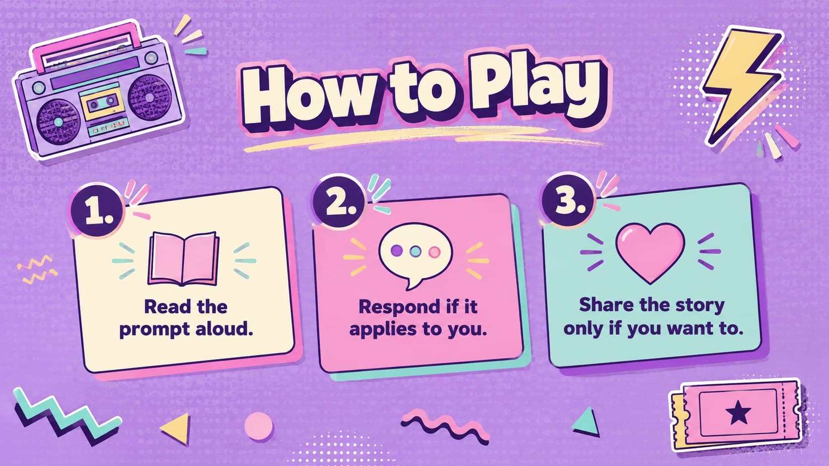 How-to-play instructions for an interactive 90s confession game in purple and pastel colors.