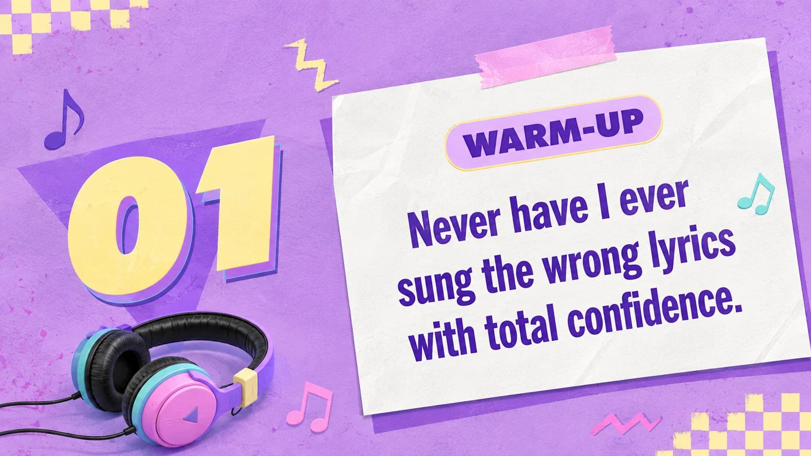 Warm-up prompt from a purple pastel confession game asking about forgotten song lyrics.