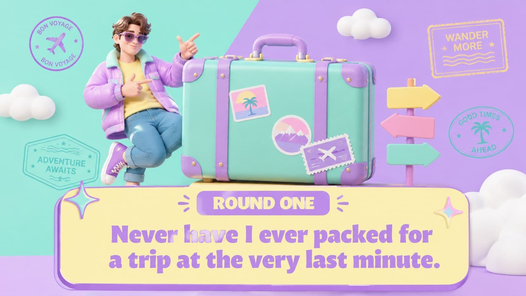 Travel-themed question in an editable confession game with retro purple suitcase graphics.